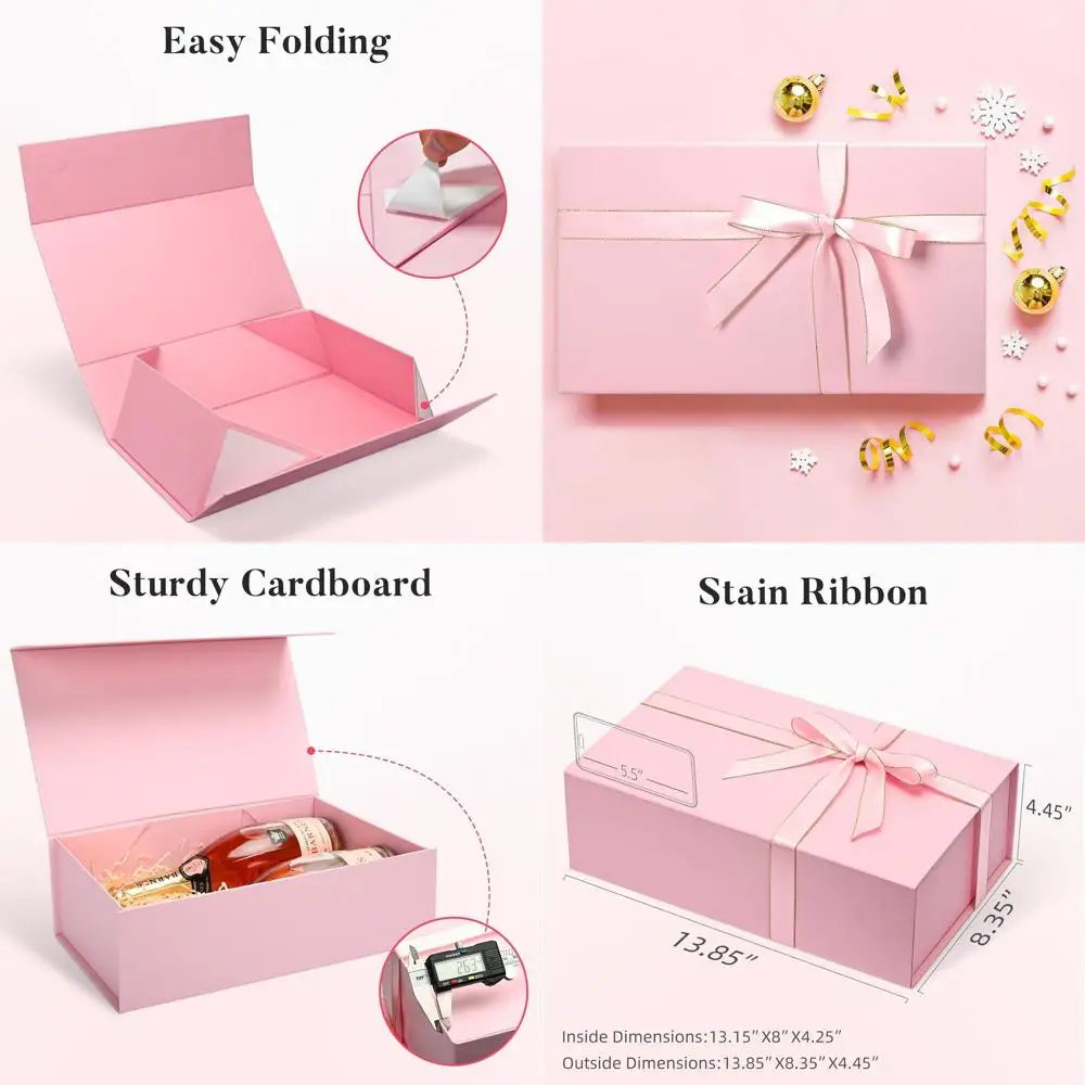 

5-Piece Pink Gift Boxes with Lids, 13.85x8.35x4.45 Inches, Includes Ribbon, Card, and Filler Paper, Ideal for Wedding Presents