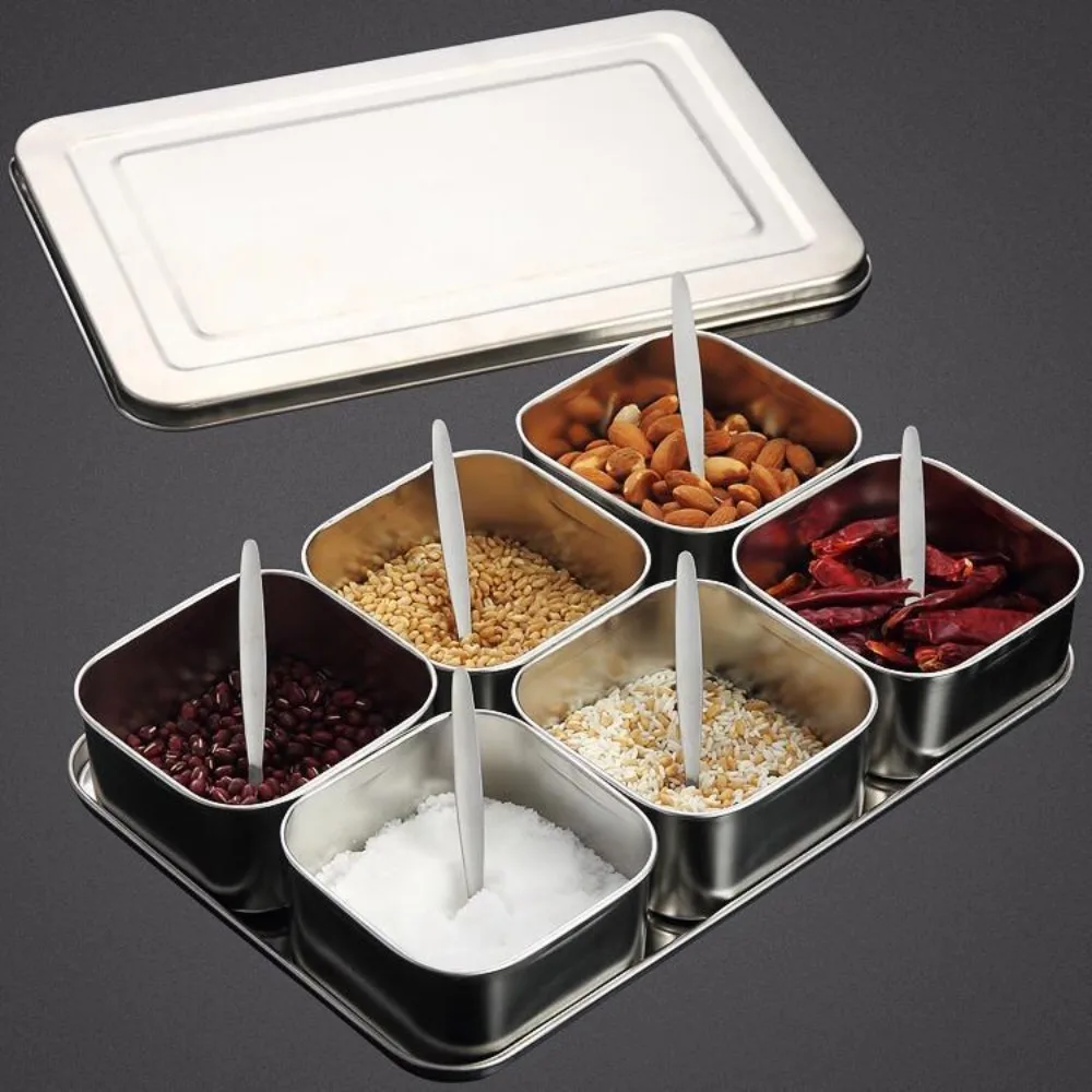 

6/8 Grid Seasoning Storage Box Rectangular Stainless Steel Food Preparation Box Rust-proof Durable Dessert Ingredient Box