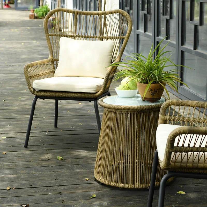 Rattan Chair Balcony Table and Chair Iron Leisure Combination Terrace Courtyard Coffee Table Simple Outdoor Desk-Chair