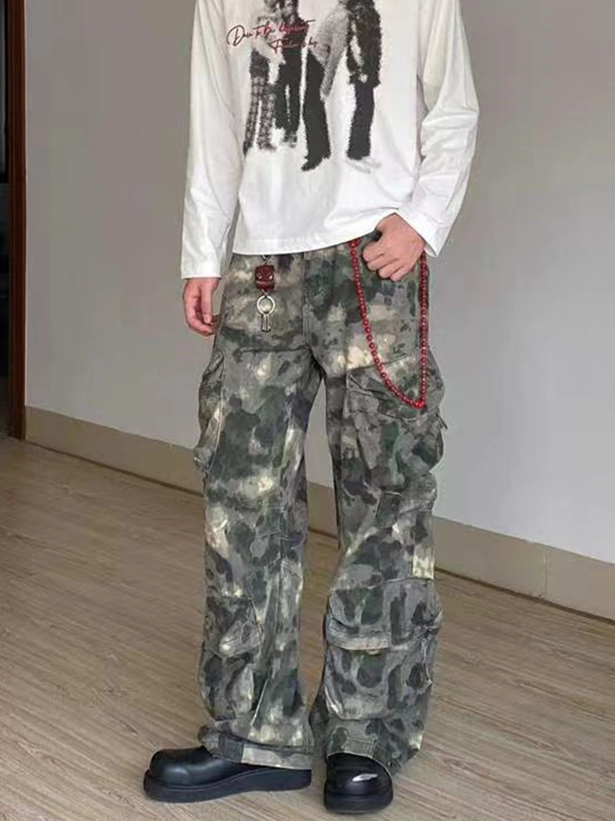 

Camouflage Workwear Pants Men's Spring Autumn American Retro Baggy Design Wide Leg Bomb Pants Multiple kets Loose Fit Jeans
