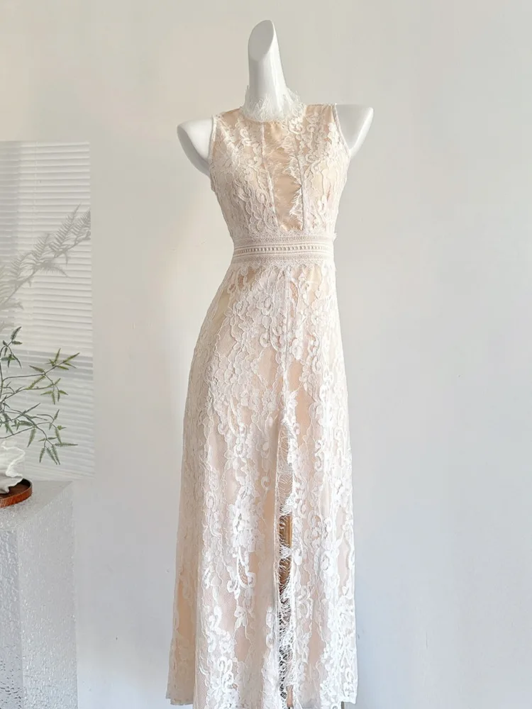 Sexy Sleeveless Lace Hollow Out Long Dress Women Black O Neck Cut Out Split Slim Backless Dresses Evening Party Cocktail Gowns