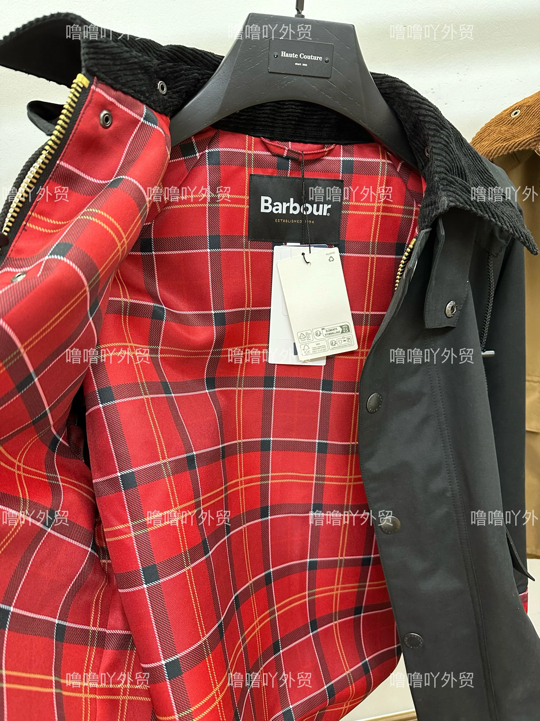 Barbour X Ships Joint Japanse ongewaxte jas Rode geruite mouwen Damesjack met capuchon Los