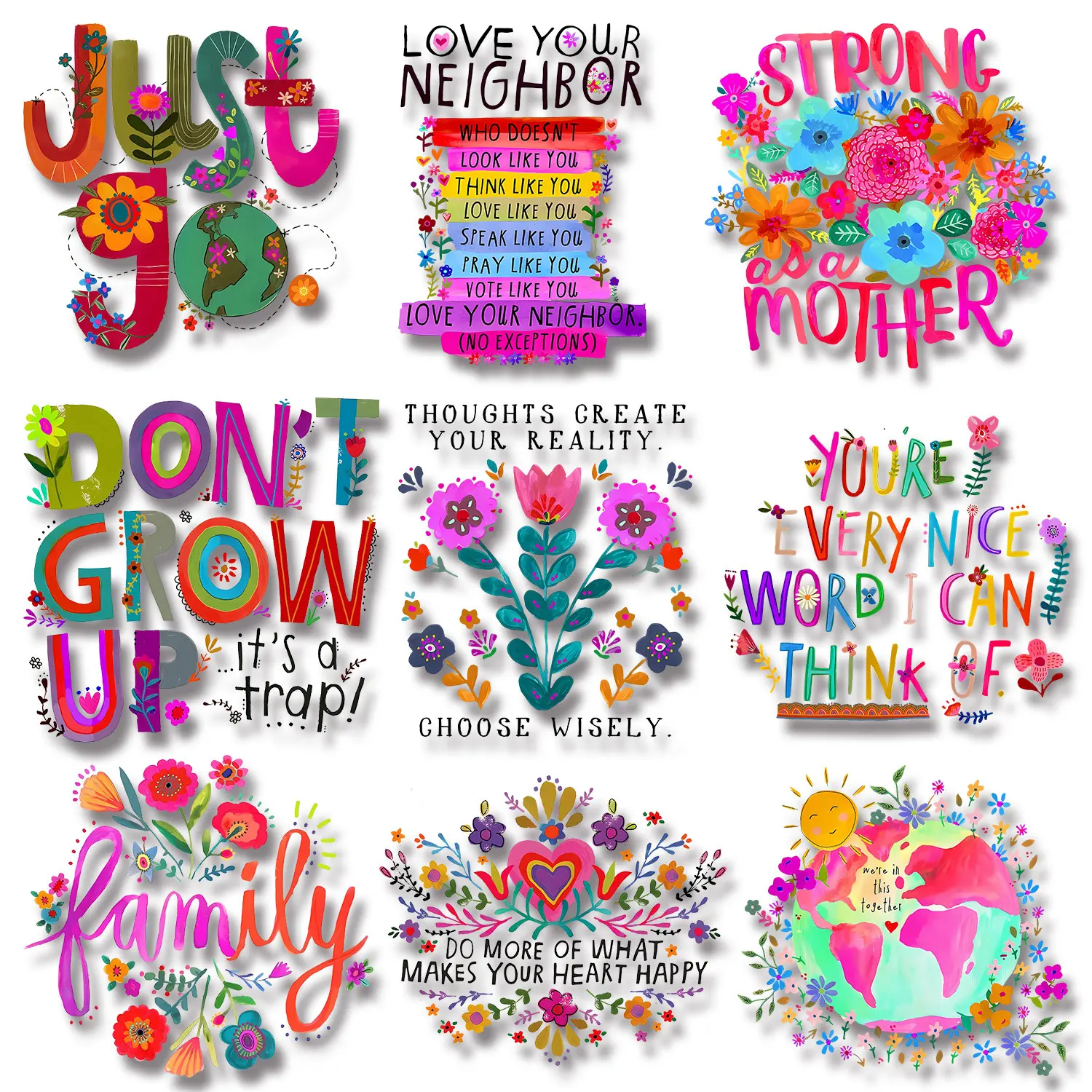 Flower Butterfly Rainbow Spring Summer Vibes Inspirational Text Iron on Decals Applique for Cloth Bright Colors DIY Decoration