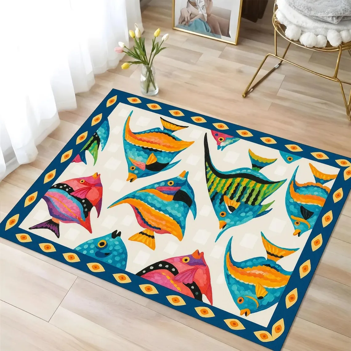 Colorful Polka Dot Fish Print Area Rug Black White Border Mat for Coastal Decor