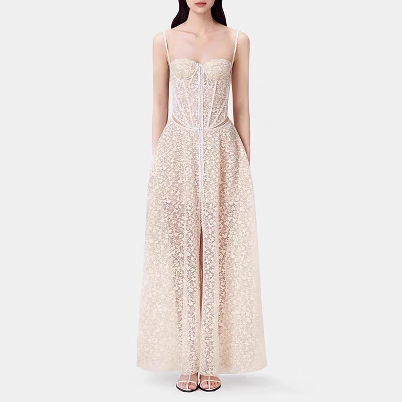 

Summer Sexy Mesh Embroider Patwork Spaghetti Strap Maxi Dress for Women 2025 New Elegant and Chic Celebrity Evening Dresses