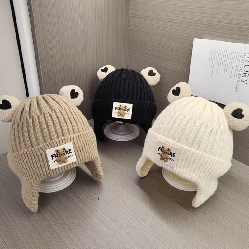 Cute Winter Knitted Baby Cap Cartoon Bear Toddler Boys Girls Warm Beanie Bonnet Hat Windproof Kids Crochet Ear Protection Caps