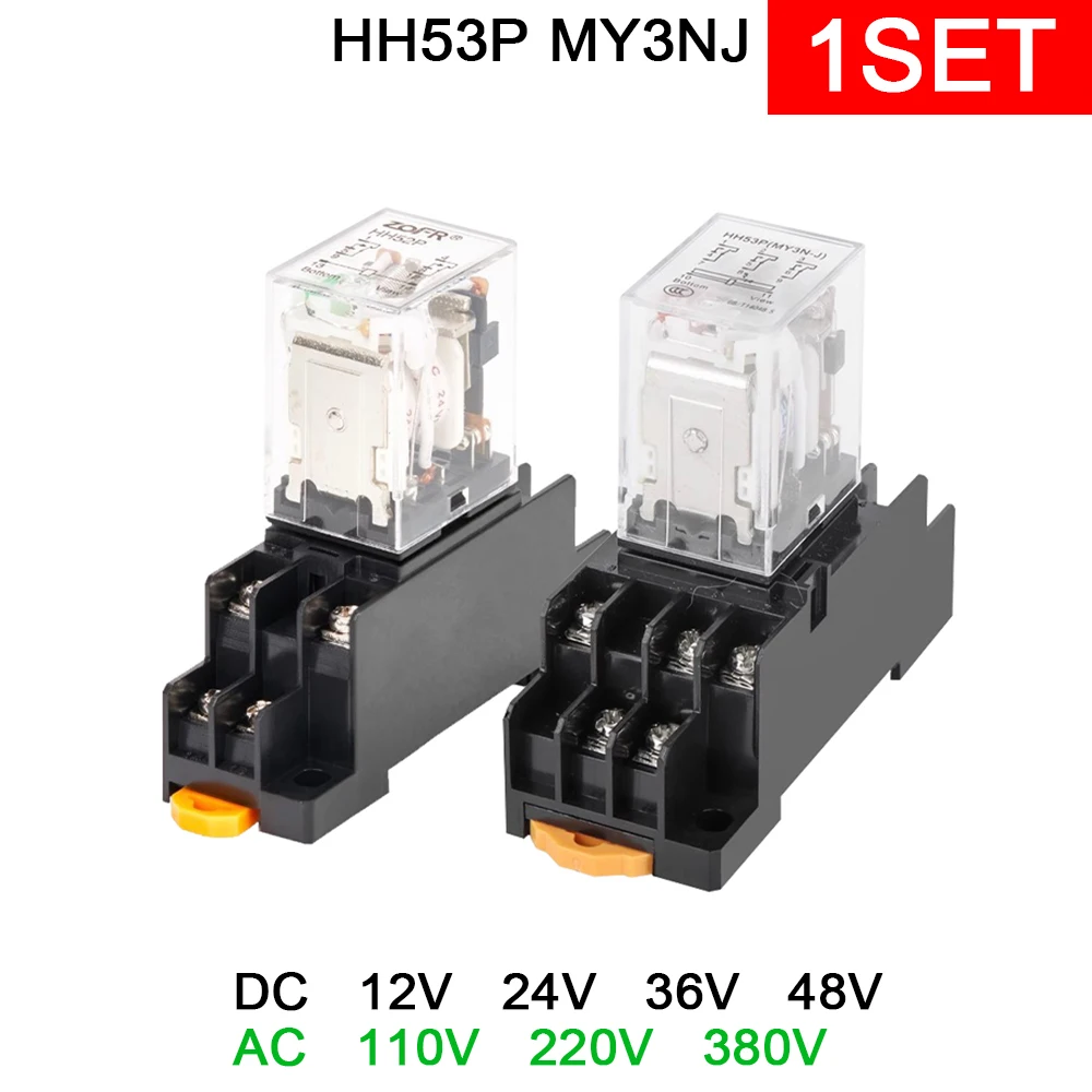 1set HH53P MY3NJ Coil Relay DC/AC 12V 24V 36V 110V 220V 380V 5A 11pin MY3N-GS MY3 Micro Electromagnetic Relay + Socket Base