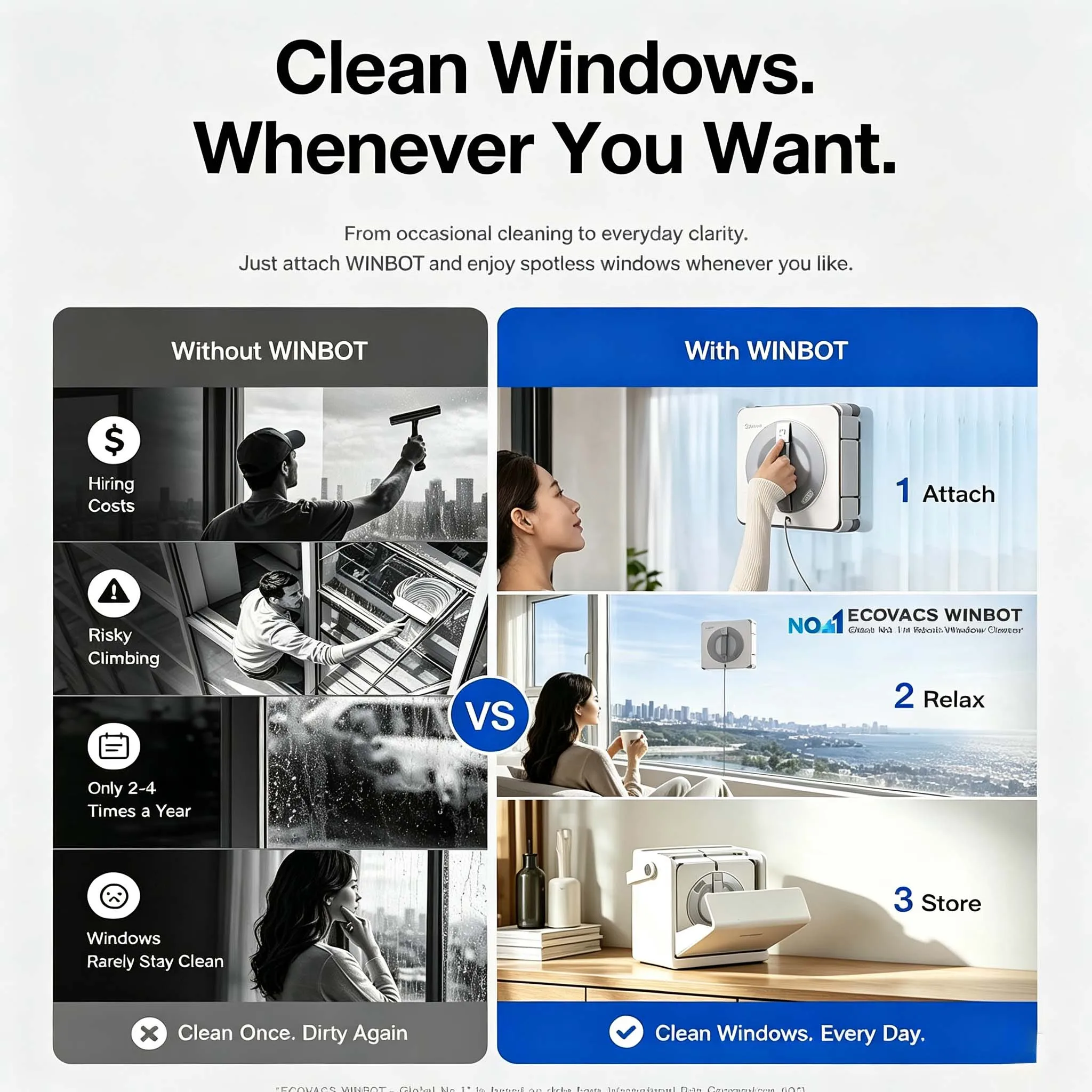 ECOVACS WINBOT Robot Window Cleaner Auto Spray 10000Pa Suction 12-Stage Safety App Control for High-Rise Frameless & Tilt Glass
