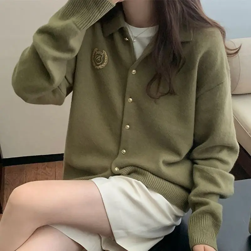 Female Clothing Embroidery Polo-Neck Cardigan Preppy Style Basic Autumn Winter Commute Single-breasted Casual Knitted Sweaters