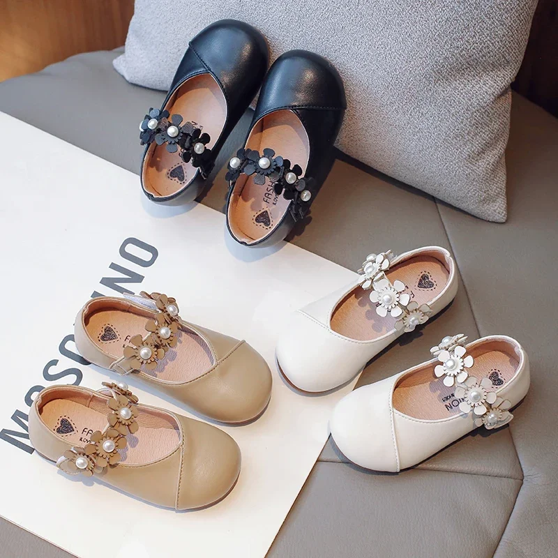 

Girls Leather Shoes for Party Wedding Simple Non-slip Kids Flat Flowers Shoes with Pearls Fashion Children Princess Shoes