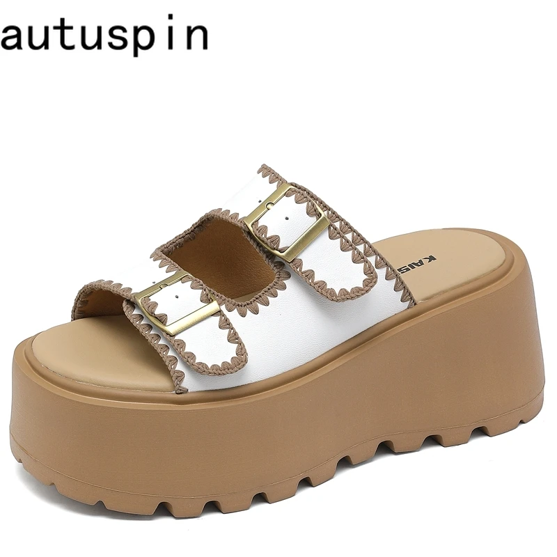 

AUTUSPIN 8cm High Heels Women Platfotms Sandals Summer Autumn Leather Woman Slippers 2025 Trendy Chunky Shoes Ladies