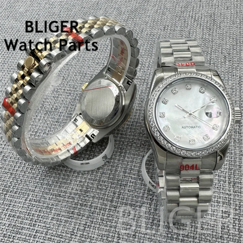 BLIGER 여성용 기계식 시계 31mm 다이아몬드 시계 케이스 인덱스 핑크 쉘 다이얼 사파이어 NH05 무브먼트 100m 방수