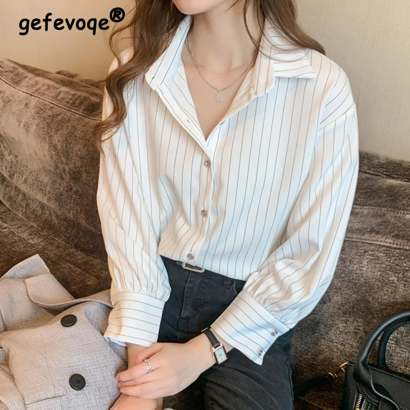 2023 Autumn New Striped Printed Chiffon Shirts Women Office Lady Turn-down Collar Pressing Buckle Patchwork Long Sleeve Blouses