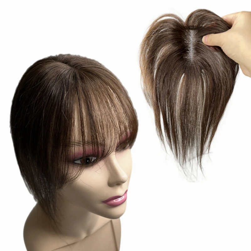 Fringe Human Hair Toppers Clip In Lace Base Hairpieces For Women Mid Part Straight 3D Hair Bangs Cover Grey Hair Loss