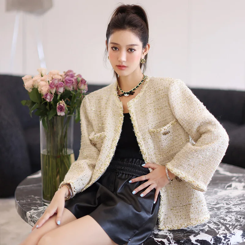 High Quality Women\'s Elegant Slim Fit Wool Jacket Tweed Inlaid Lurex Loose Long Sleeved Coat Blazer Vintage Outwear