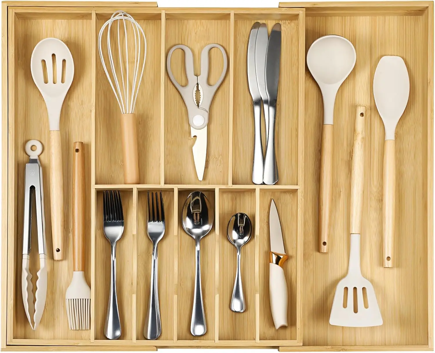 

Silverware Organizer for Cabinet Drawer, Expandable from 16.7'' to 30'' Wide Bamboo Wood Flatware