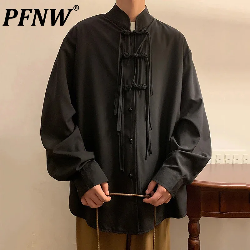 

PFNW Chinese Style Men's Shirts Knot Button Solid Color Loose Clothing Stand Collar Long Sleeve Casual Male Tops Darkwear 12C883