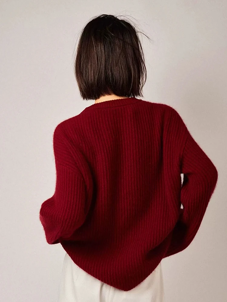 Suéter de punto rojo con cuello alto para mujer, jersey de cuello redondo de lana de imitación, Tops gruesos, puente cálido de invierno, novedad