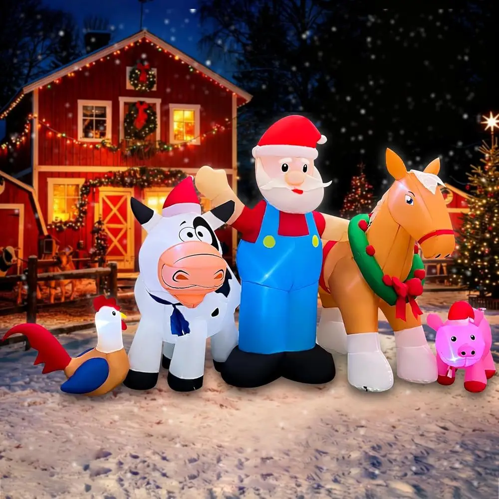 8-Foot LED-Illuminated Inflatable Santa Farm Scene with Horse, Pig, Cow, and Rooster for Holiday Decor
