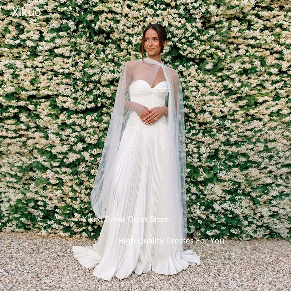 Xikuo فستان زفاف رومانسي على شكل حرف A فستان زفاف شيفون مطوي طول الأرض على شكل قلب بدون أكمام فيستدوس دي نوفيا مخصص