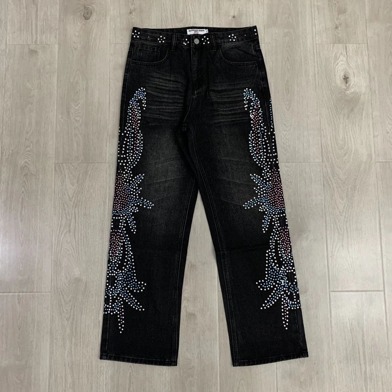 

Men's Streetwear VALLEY Jeans New Style American High Street Colored Hot Diamond Vale Denim Pants One Day Shipped Out