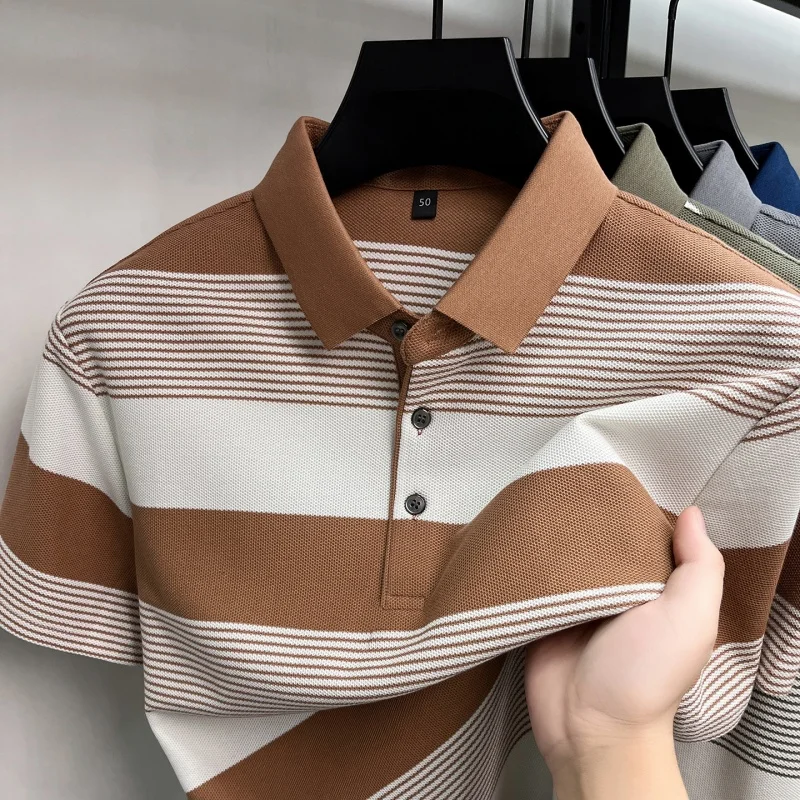 Unique striped color blocked short sleeve polo shirt men new summer soft breathable silk cotton luxury casual fashion T-shirt