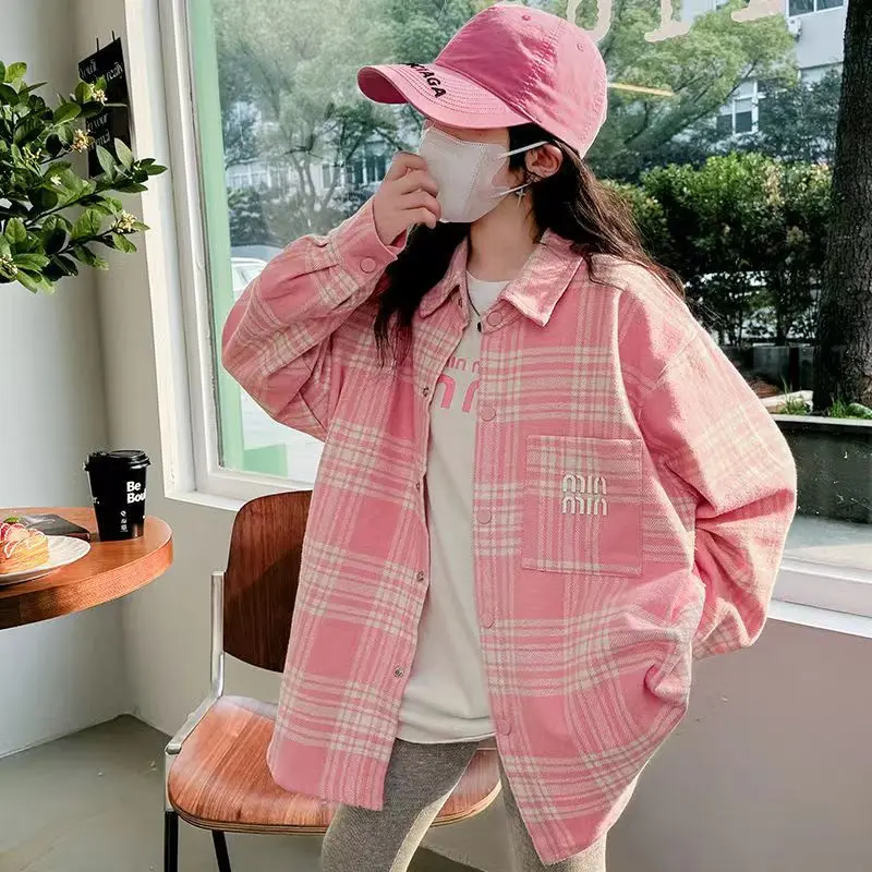 Girls shirt network red Korean version 2024 new girls casual plaid shirt loose top big child spring coat