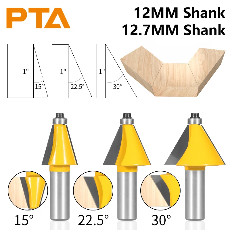 

PTA 12MM 12.7MM Shank 15/22.5/30 Degree Chamfer Router Bit Woodworking Milling Cutter For Wood Face Mill