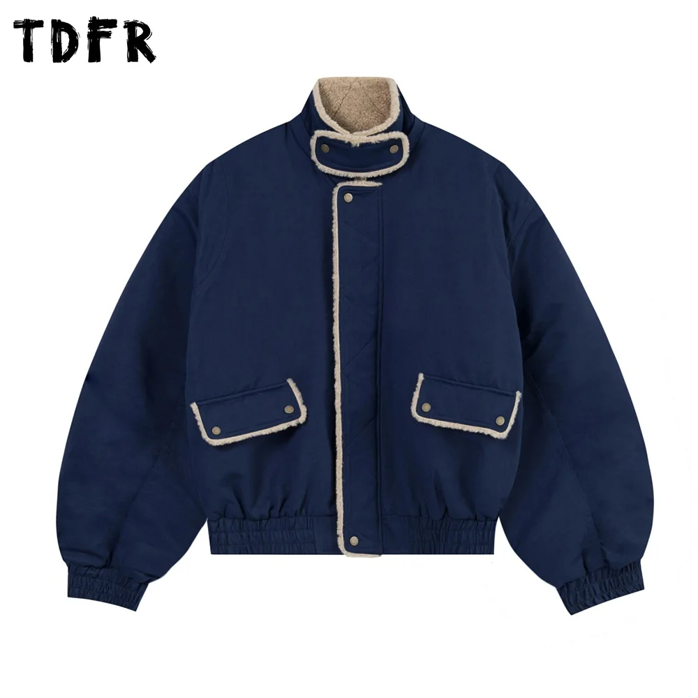 

Pocket Cargo Quilted Jacket Mens Solid Color Winter Thick Retro Casual Loose Stand Collar Long Sleeve Padded Jacket Man