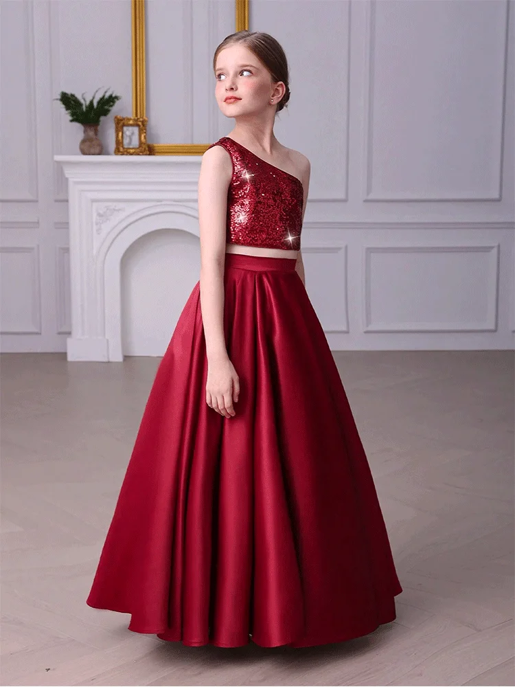 Girls Christmas Red Off Shoulder Sequin Show Evening Dress Girls Red Shiny Flower Girl Summer Red Sequin Evening Dress