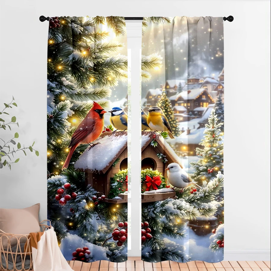 2PCS Digital Print Curtains, Snowy Forest Birdhouse Cardinal Chickadee White Bird Lights Berries, Warm Wildlife Scene Style - Ch