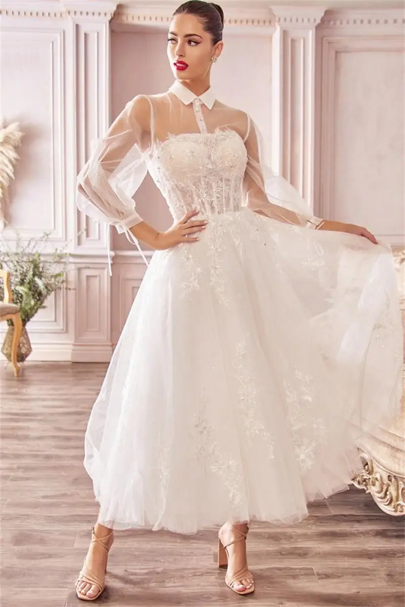 2023 Wedding Dresses Lapel High Collar Buttons Bridal Gowns with Lace Applique Ankle Length Tulle Robe De Marrige