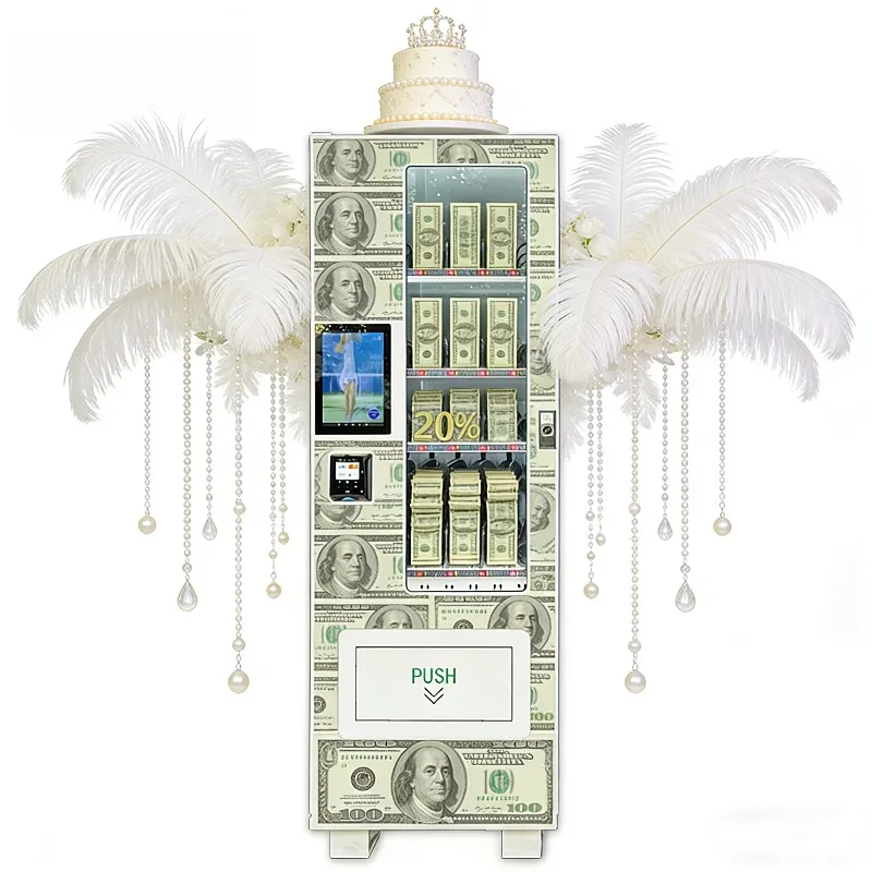 Custom Luxury Feather Pearl Wedding Cash Vending Machine 100 Dollar Sticker Bill Dispensing Machine For Banquet