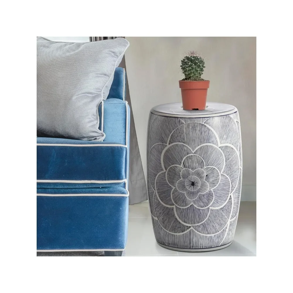 Camellia 17 Ceramic Drum Indoor/Outdoor Garden Stool, Stylized Flower on White Background, Coastal, Contemporary, Modern