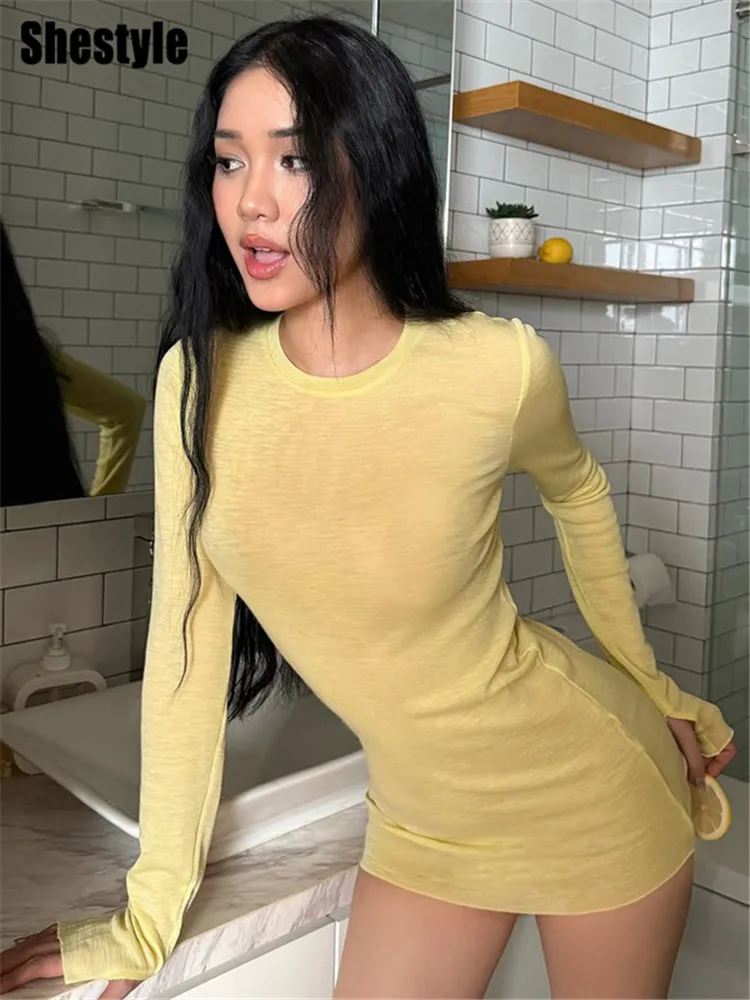 Shestyle الأصفر الصلبة غمد فستان شفاف المرأة طاقم الرقبة كم كامل مطاطا شير مثير لطيف البلوز يؤرخ الملابس الخريف