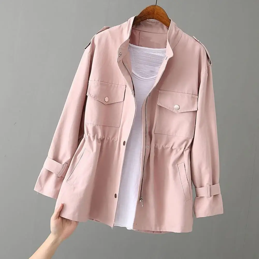 Autumn Winter Women Jacket Stand-up Collar Chest Pockets Zipper Closure Slim Waist Mid Length Outdoor Shopping Commuting Jacket
