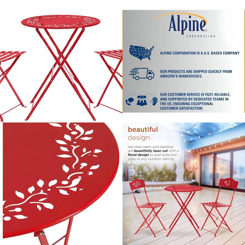 

Складной набор для бистро из 3 предметов для внутреннего или наружного использования, красный стол и стулья для патио