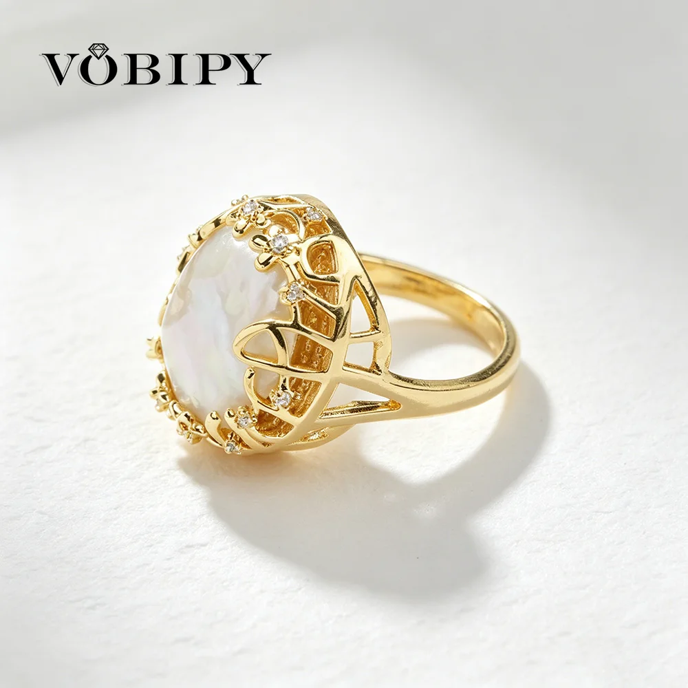 VOBIPY Baroque Pearl Ring for Women Wedding Party Gift Vintage Adjustable Ring Fashion Jewelry 15-16mm Natural Freshwater Pearl