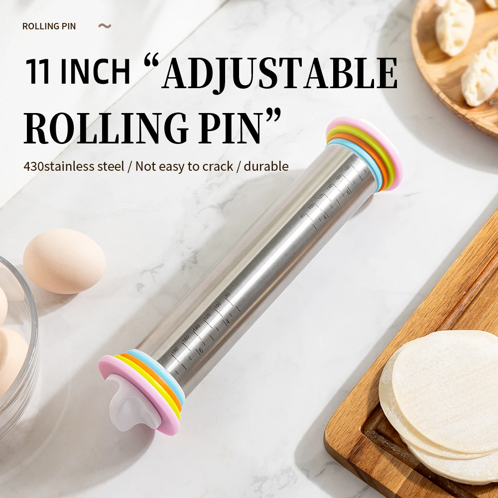11 Inch Stainless Steel Rolling Pin Adjustable Dough Roller with 4 Thickness Removable Rings for Baking Pizza Cake Bakeware Tool