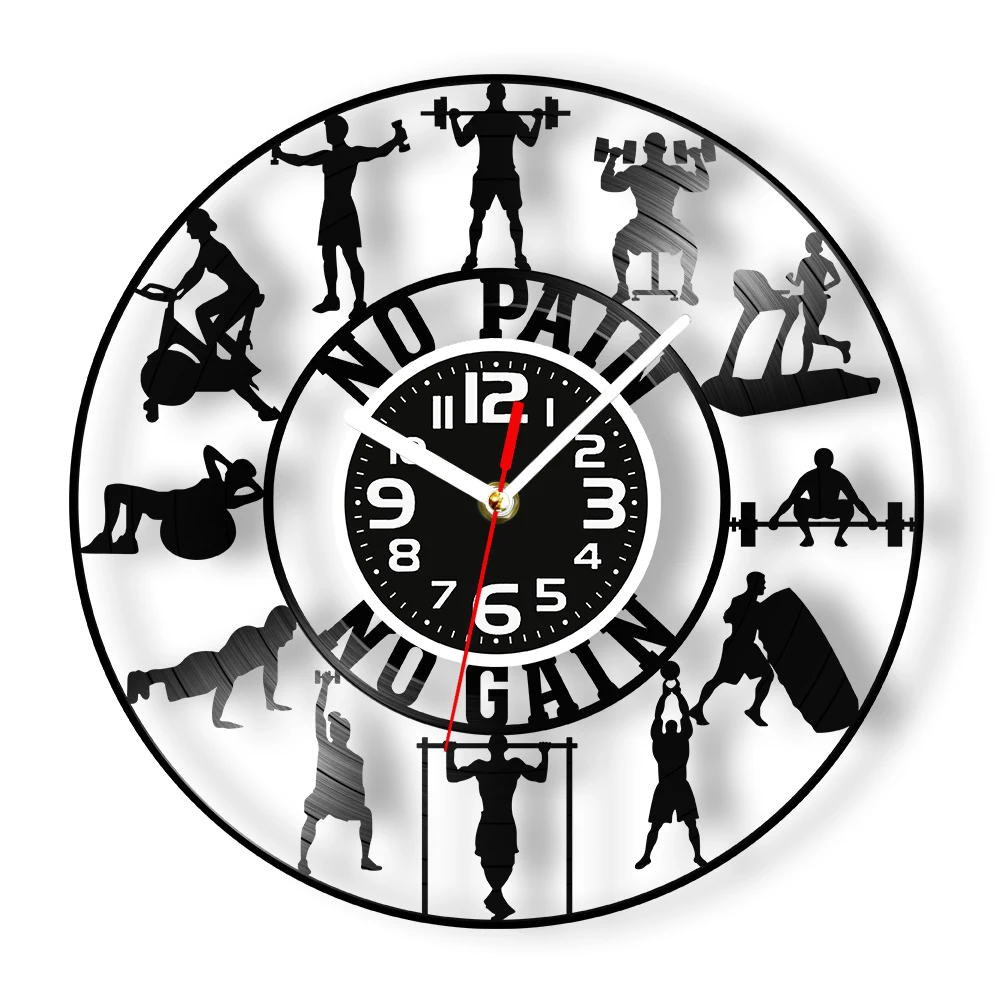 Fitness Gym Vinyl Record Wall Clock for Workout Room Home Decor No Pain No Gain Quote Weight Lift Retro Music Album Wall Clock