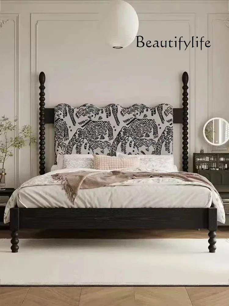 

French retro solid wood wabi wind bedroom black Roman column fabric soft bag light luxury double bed