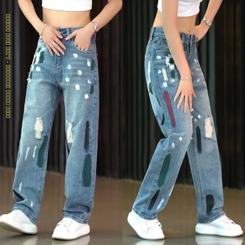 2024 فيتي هول الدينيم الجينز الرجال مستقيم فضفاض Haome بنطال ذو قصة أرجل واسعة الأمريكية الرجعية اللون Colion الطابق طول السراويل #1