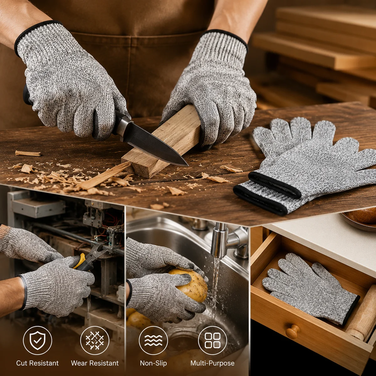 1 Pair M Size Cut Resistant Work Gloves, Textured Knit Safety Gloves for Kitchen, Woodworking, Metal Handling and Daily Tasks