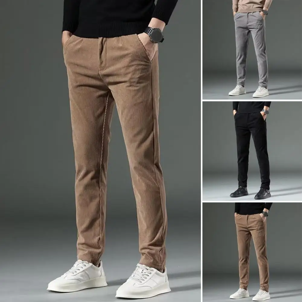 Men Warm Pants Men's Thick Warm Windproof Winter Pants with Pockets Mid-waist Loose Fit Straight Leg Trousers for Fall Winter