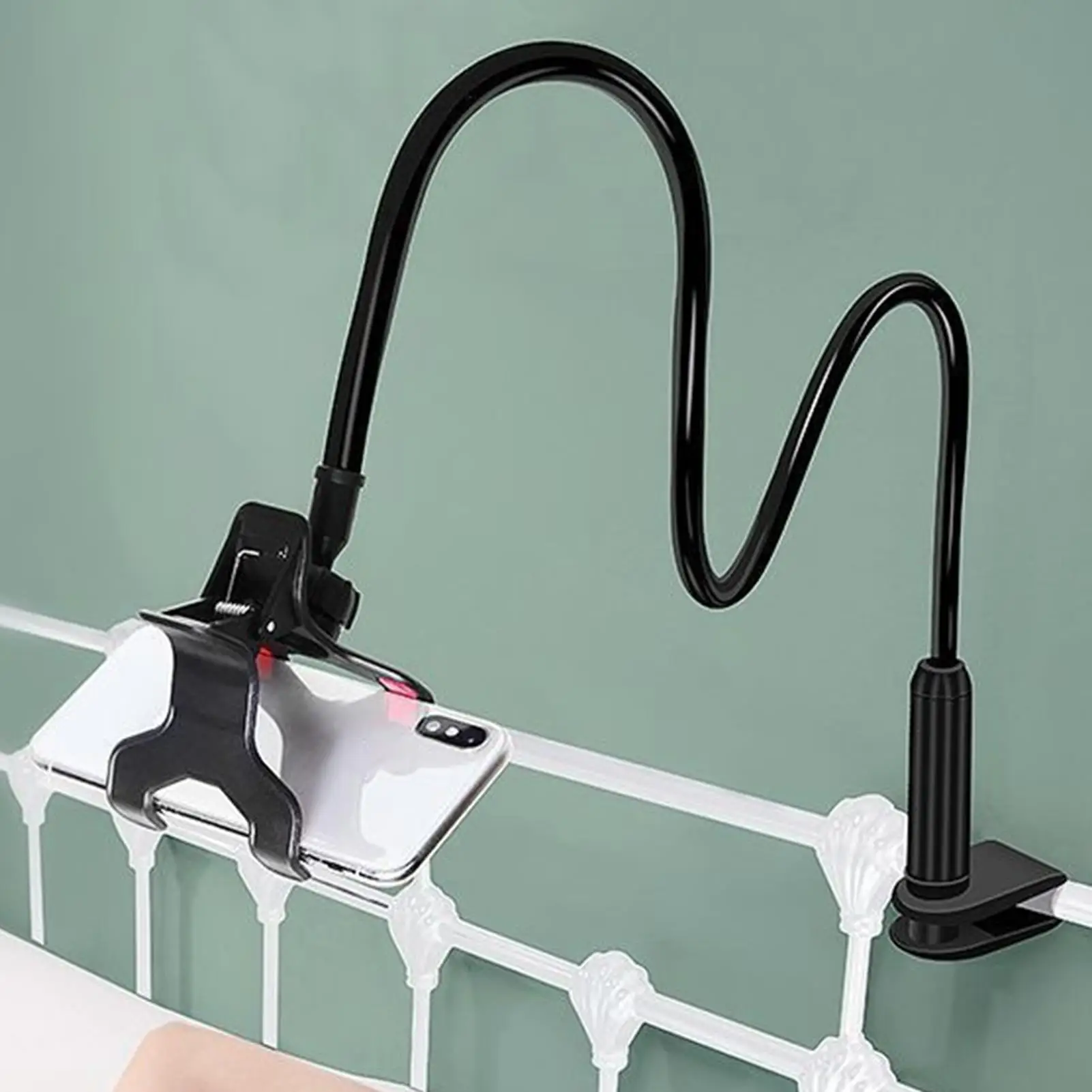 

Black Color Gooseneck Phone Holder For Bed Flexible Gooseneck Long Arm Stand Overhead Cell Phone Clamp Mount