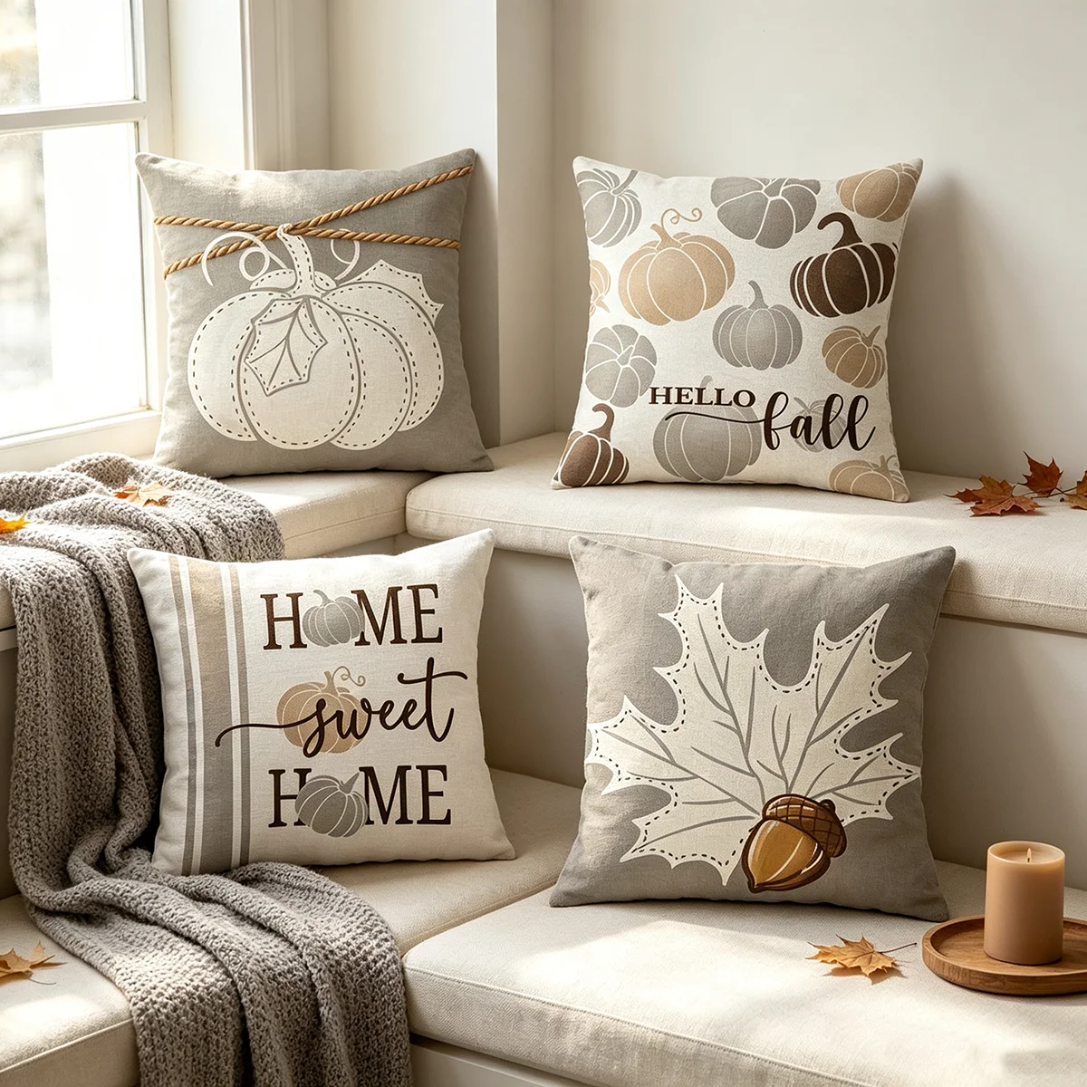 4PCS Digital Print Throw Pillows Neutral Pumpkin Maple Acorn Print Autumn Farmhouse Sofa Decor Cushions