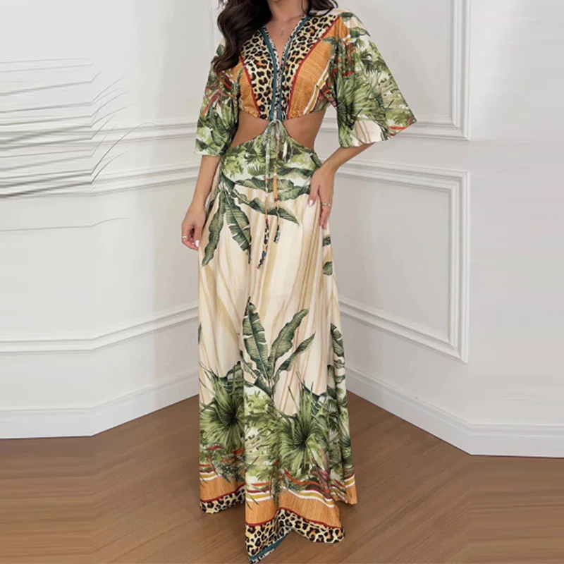 Chemisier à col en V profond et jupe longue pour femme, imprimé à la mode, taille haute, tenue bohème à lacets, tenue de soirée sexy, ensemble 2 pièces, 2025