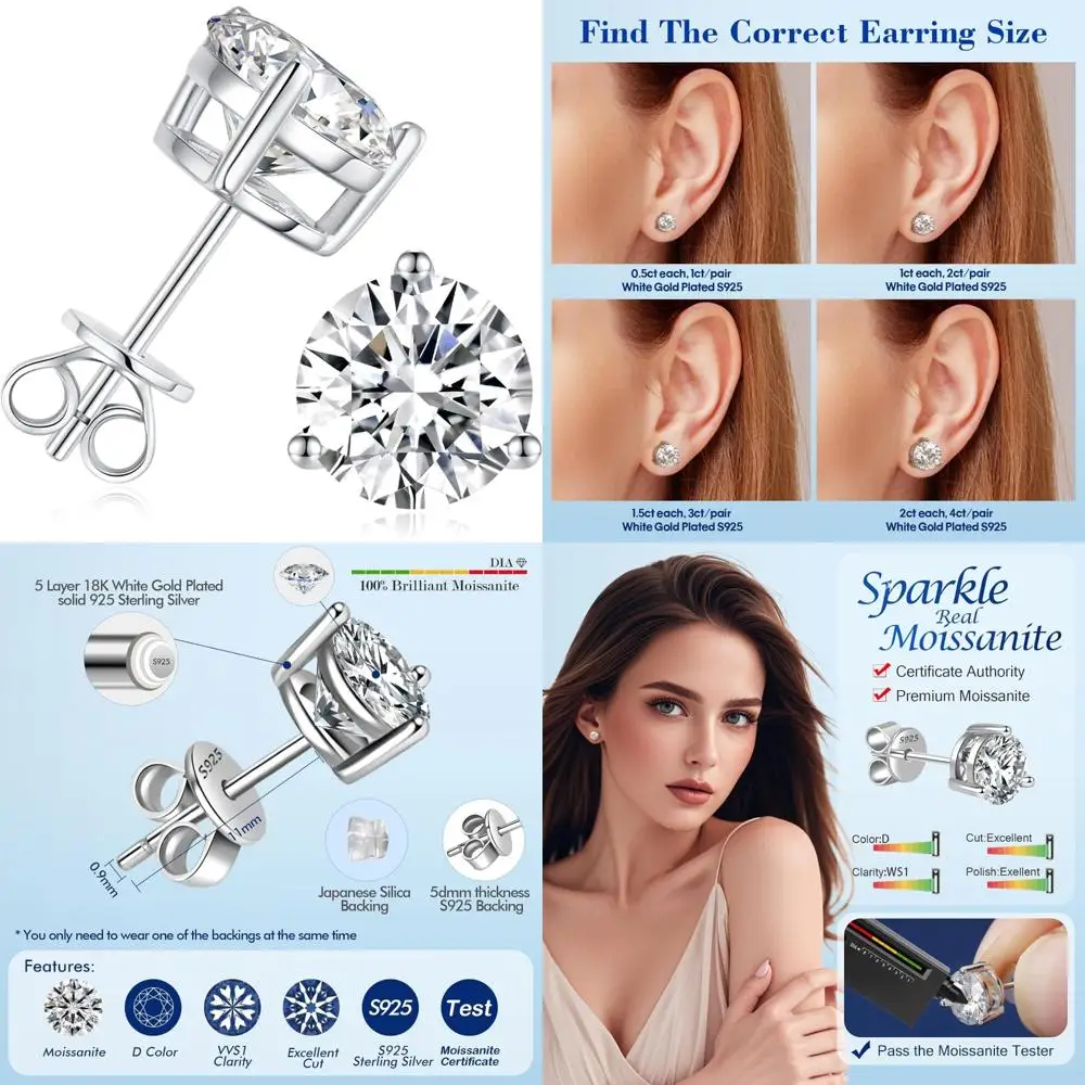 

Moissanite Stud Earrings Women 1-4ct 3 Prong Sterling Silver D Color Ideal Cut Authentic Earrings with Certificate