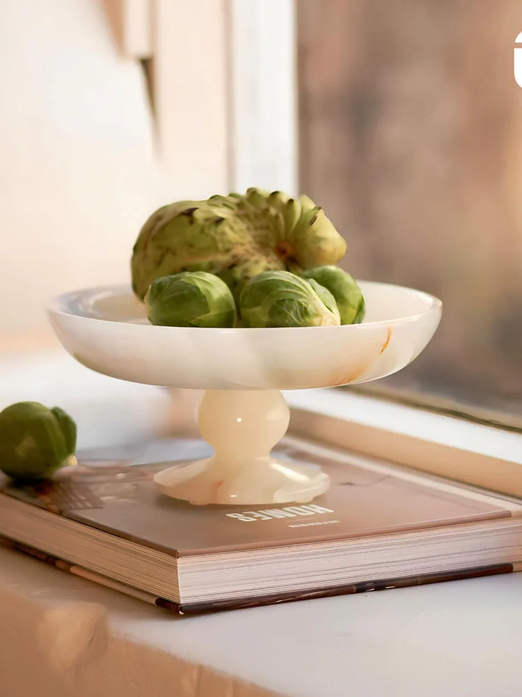 White Onyx Natural Marble Serving Tray for Dessert and Bread Luxury Fruit Bowl for Kitchen Counter or Dining Room Table