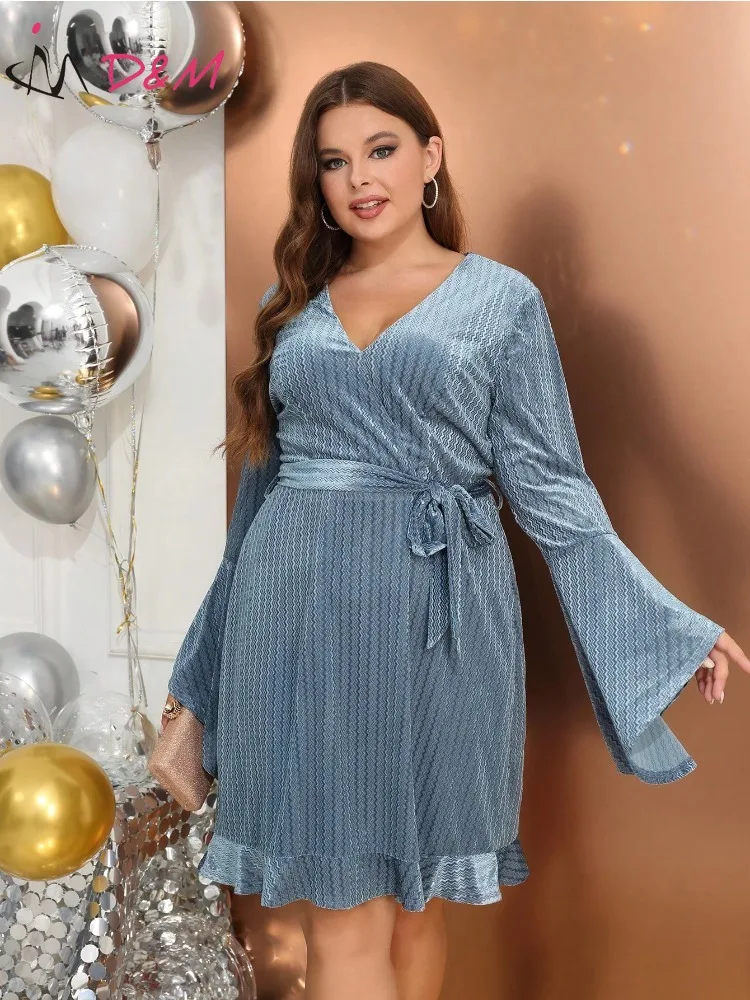 

D & M-Plus Size Party Dresses for Women, Blue, Gray, Long Sleeves, One Piece Lace Up, Loose Elegant Dresses